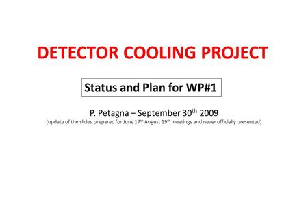 DETECTOR COOLING PROJECT Status and Plan for WP#1 P. Petagna – September 30 th 2009 (update of the slides prepared for June 17 th August 19 th meetings.