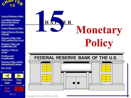 15 - 1 Copyright McGraw-Hill/Irwin, 2005 Goals of Monetary Policy Consolidated Balance Sheet of the Federal Reserve Banks Tools of Monetary Policy Federal.