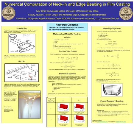 Numerical Computation of Neck-in and Edge Beading in Film Casting Tyler Birkel and Jessica Eckles, University of Wisconsin-Eau Claire Faculty Advisors: