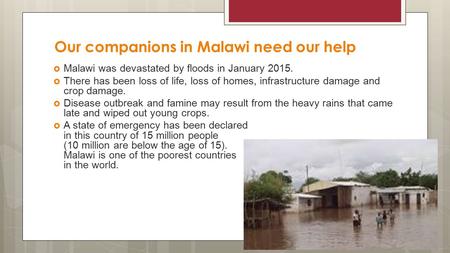 Our companions in Malawi need our help  Malawi was devastated by floods in January 2015.  There has been loss of life, loss of homes, infrastructure.