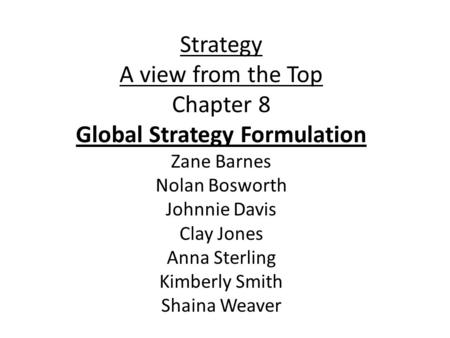 Strategy A view from the Top Chapter 8 Global Strategy Formulation Zane Barnes Nolan Bosworth Johnnie Davis Clay Jones Anna Sterling Kimberly Smith Shaina.