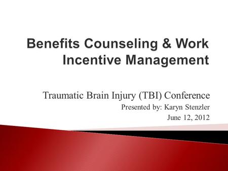 Traumatic Brain Injury (TBI) Conference Presented by: Karyn Stenzler June 12, 2012.
