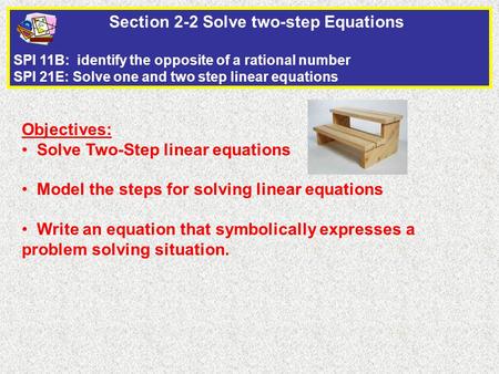 Objectives: Solve Two-Step linear equations Model the steps for solving linear equations Write an equation that symbolically expresses a problem solving.