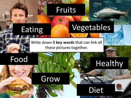 Write down 5 key words that can link all these pictures together. Food Grow Healthy Vegetables Fruits Eating Diet.