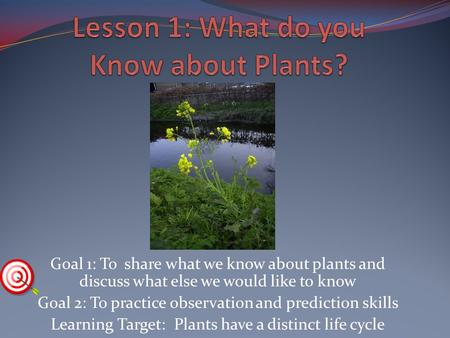 Goal 1: To share what we know about plants and discuss what else we would like to know Goal 2: To practice observation and prediction skills Learning Target: