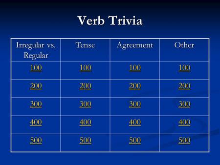 Verb Trivia Irregular vs. Regular TenseAgreementOther 100 200 300 400 500.