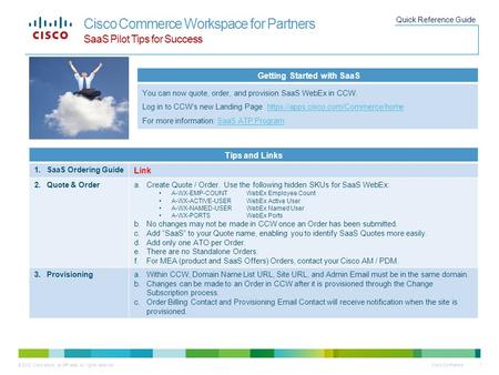 © 2012 Cisco and/or its affiliates. All rights reserved. Cisco Confidential 1 Cisco Commerce Workspace for Partners SaaS Pilot Tips for Success Quick Reference.