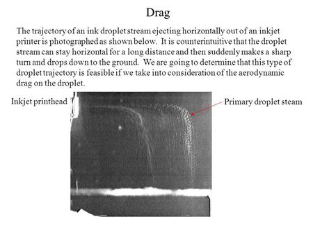 Drag The trajectory of an ink droplet stream ejecting horizontally out of an inkjet printer is photographed as shown below. It is counterintuitive that.