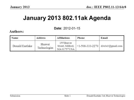 Doc.: IEEE P802.11-13/64r8 Submission January 2013 Donald Eastlake 3rd, Huawei TechnologiesSlide 1 January 2013 802.11ak Agenda Date: 2012-01-15 Authors: