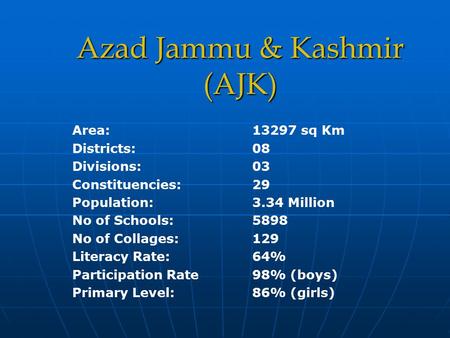 Azad Jammu & Kashmir (AJK) Area:13297 sq Km Districts:08 Divisions:03 Constituencies:29 Population:3.34 Million No of Schools:5898 No of Collages: 129.