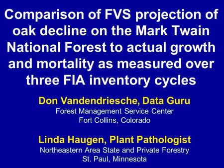 Comparison of FVS projection of oak decline on the Mark Twain National Forest to actual growth and mortality as measured over three FIA inventory cycles.