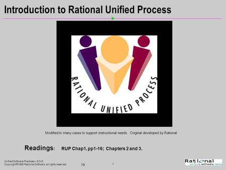 Unified Software Practices v 5.0-D Copyright  1998 Rational Software, all rights reserved 1 19 Chapter 2 Text Introduction to Rational Unified Process.