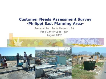 Customer Needs Assessment Survey -Philippi East Planning Area- Prepared by : Roots Research SA For : City of Cape Town August 2002.