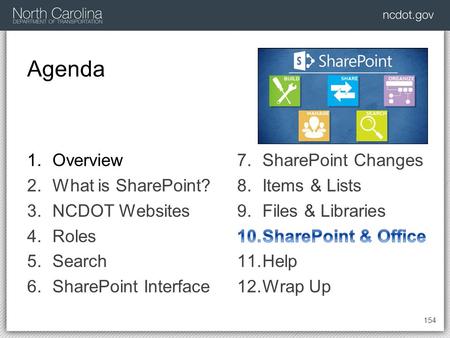Agenda 154 1.Overview 2.What is SharePoint? 3.NCDOT Websites 4.Roles 5.Search 6.SharePoint Interface.