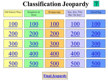 Classification Jeopardy 100 200 300 400 500 100 200 300 400 500 100 200 300 400 500 100 200 300 400 500 100 200 300 400 500 Old School WaysKingdoms &