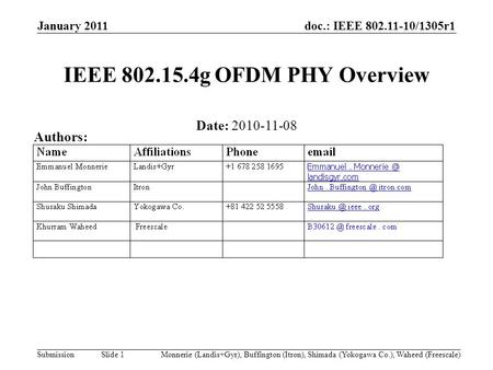 Doc.: IEEE 802.11-10/1305r1 Submission January 2011 Monnerie (Landis+Gyr), Buffington (Itron), Shimada (Yokogawa Co.), Waheed (Freescale) Slide 1 IEEE.