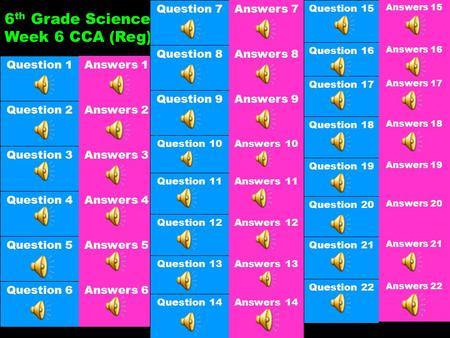 6 th Grade Science Week 6 CCA (Reg) Question 1 Answers 1 Question 2 Question 3 Question 4 Question 5 Question 6 Answers 2 Answers 3 Answers 4 Answers.