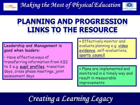 Making the Most of Physical Education Creating a Learning Legacy Leadership and Management is good when leaders: Have effective ways of transferring information.