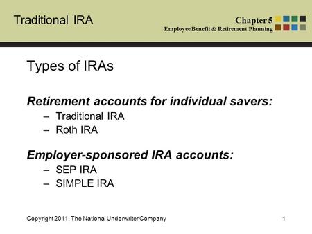 Traditional IRA Chapter 5 Employee Benefit & Retirement Planning Copyright 2011, The National Underwriter Company1 Types of IRAs Retirement accounts for.