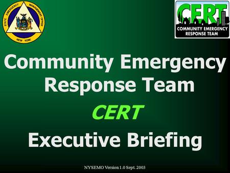 NYSEMO Version 1.0 Sept. 2003 Community Emergency Response Team CERT Executive Briefing.