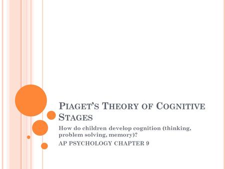 P IAGET ’ S T HEORY OF C OGNITIVE S TAGES How do children develop cognition (thinking, problem solving, memory)? AP PSYCHOLOGY CHAPTER 9.