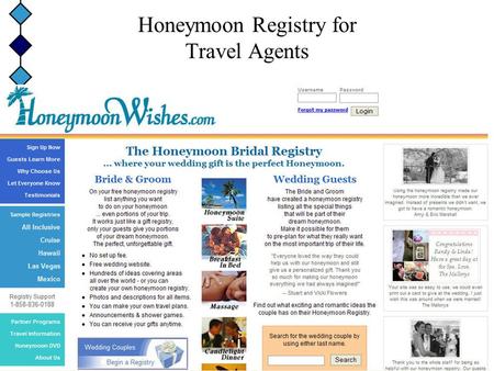 Honeymoon Registry for Travel Agents What is a Honeymoon Bridal Registry? On our online honeymoon registry, Brides & Grooms list anything they want to.