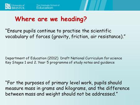 “Ensure pupils continue to practise the scientific vocabulary of forces (gravity, friction, air resistance).” Department of Education (2012) Draft National.