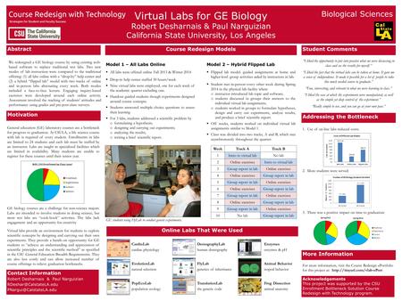 Virtual Labs for GE Biology Robert Desharnais & Paul Narguizian California State University, Los Angeles Abstract GE students using FlyLab to conduct genetic.