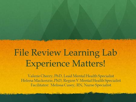 File Review Learning Lab Experience Matters! Valerie Cherry, PhD, Lead Mental Health Specialist Helena Mackenzie, PhD, Region V Mental Health Specialist.