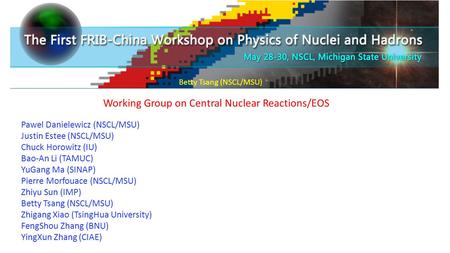 Working Group on Central Nuclear Reactions/EOS Pawel Danielewicz (NSCL/MSU) Justin Estee (NSCL/MSU) Chuck Horowitz (IU) Bao-An Li (TAMUC) YuGang Ma (SINAP)