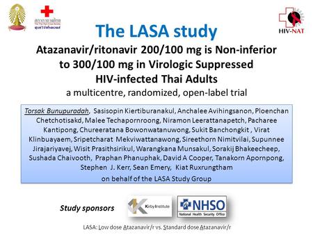 The LASA study Atazanavir/ritonavir 200/100 mg is Non-inferior to 300/100 mg in Virologic Suppressed HIV-infected Thai Adults a multicentre, randomized,