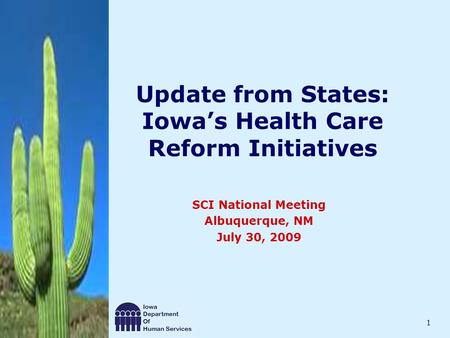 1 Update from States: Iowa’s Health Care Reform Initiatives SCI National Meeting Albuquerque, NM July 30, 2009.