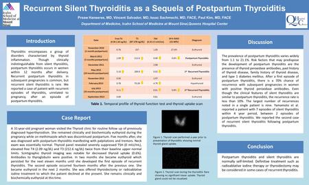 Recurrent Silent Thyroiditis as a Sequela of Postpartum Thyroiditis Preaw Hanseree, MD, Vincent Salvador, MD, Issac Sachmechi, MD, FACE, Paul Kim, MD,