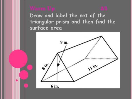 Warm Up 2/5 Draw and label the net of the triangular prism and then find the surface area 9 in. 8 in. 6 in. 11 in.