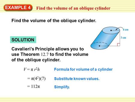 Find the volume of an oblique cylinder