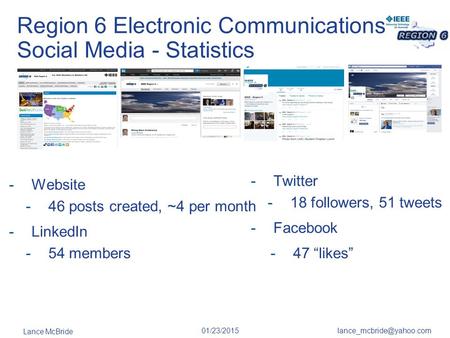 Lance McBride 01/23/2015 Region 6 Electronic Communications Social Media - Statistics -Website -46 posts created, ~4 per month.