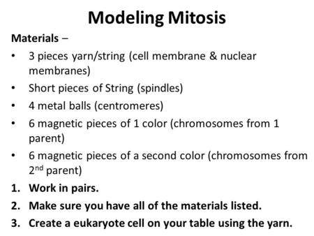 Modeling Mitosis Materials – 3 pieces yarn/string (cell membrane & nuclear membranes) Short pieces of String (spindles) 4 metal balls (centromeres) 6 magnetic.