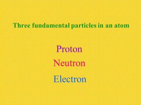 Three fundamental particles in an atom Proton Electron Neutron.