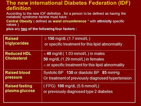 The new international Diabetes Federation (IDF) definition According to the new IDF definition, for a person to be defined as having the metabolic syndrome.