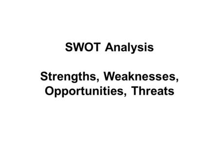 SWOT Analysis Strengths, Weaknesses, Opportunities, Threats.