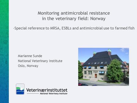 Monitoring antimicrobial resistance in the veterinary field: Norway -Special reference to MRSA, ESBLs and antimicrobial use to farmed fish Marianne Sunde.