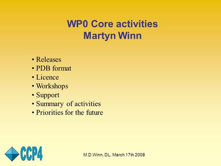 M.D.Winn, DL, March 17th 2008 WP0 Core activities Martyn Winn Releases PDB format Licence Workshops Support Summary of activities Priorities for the future.