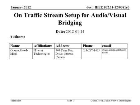 Doc.: IEEE 802.11-12/0081r0 Submission January 2012 Osama Aboul-Magd, Huawei TechnologiesSlide 1 On Traffic Stream Setup for Audio/Visual Bridging Date: