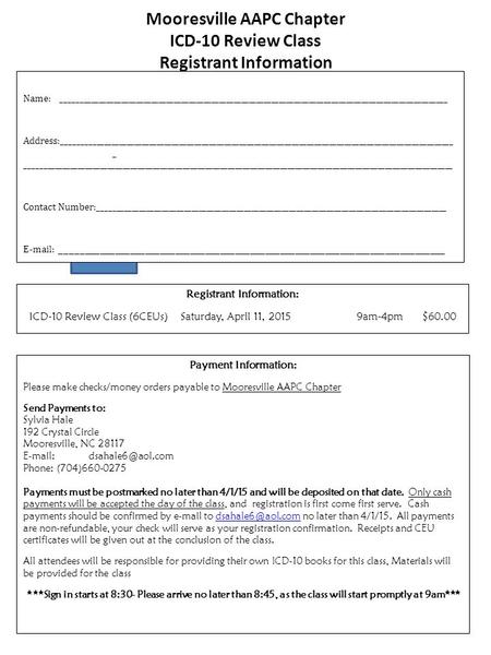 Mooresville AAPC Chapter ICD-10 Review Class Registrant Information