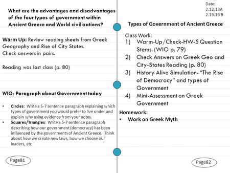 Homework: Work on Greek Myth Page82 Types of Government of Ancient Greece Page81 Warm Up: Review reading sheets from Greek Geography and Rise of City States.