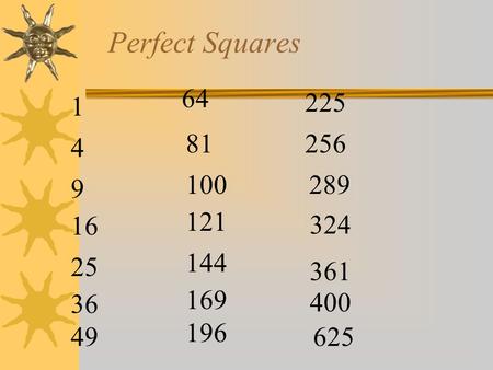 Perfect Squares 1 4 9 16 25 36 49 64 81 100 121 144 169 196 225 256 324 400 625 289 361.