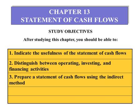 1 CHAPTER 13 STATEMENT OF CASH FLOWS CHAPTER 13 STATEMENT OF CASH FLOWS STUDY OBJECTIVES After studying this chapter, you should be able to: 1. Indicate.