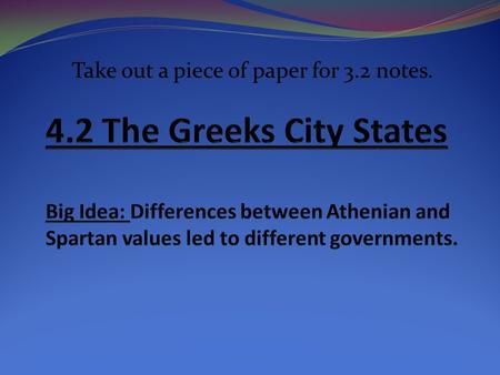Take out a piece of paper for 3.2 notes.. Polis: The Center of Greek Life City state or polis-city with own economy and government-controlled surrounding.