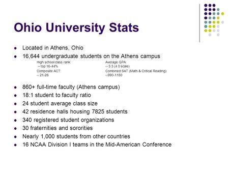 Ohio University Stats Located in Athens, Ohio 16,644 undergraduate students on the Athens campus High school class rank:Average GPA: -- top 16-44% -- 3.3.