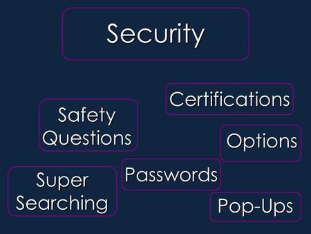 Security Super Searching Certifications Passwords Safety Questions Pop-Ups Options Security.